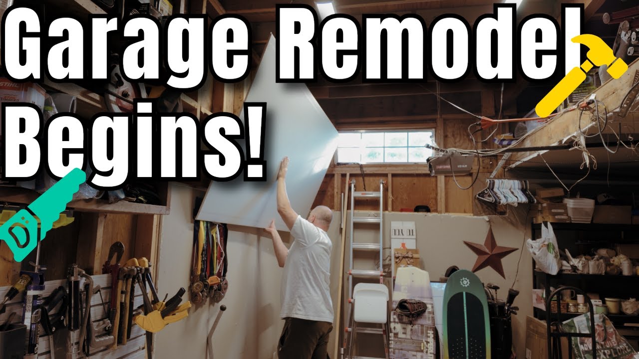 Beyond50 garage remodel video thumbnail showing an in-progress workshop renovation