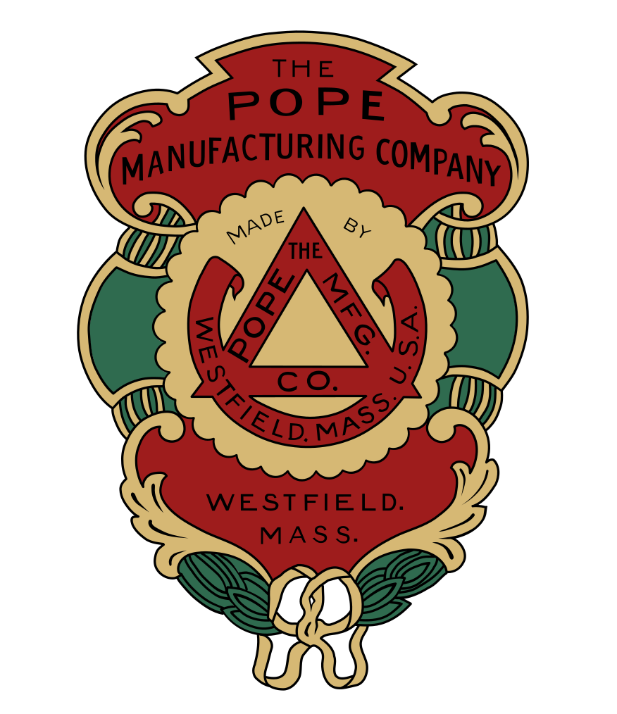 Clean reconstructed Pope Manufacturing Company badge artwork in red, gold, and green