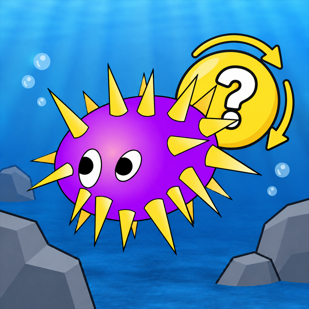 Uni swimming underwater beside a question mark and circular arrows