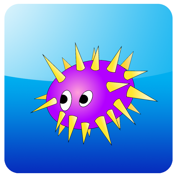 Uni, a bright purple cartoon sea urchin with yellow spines